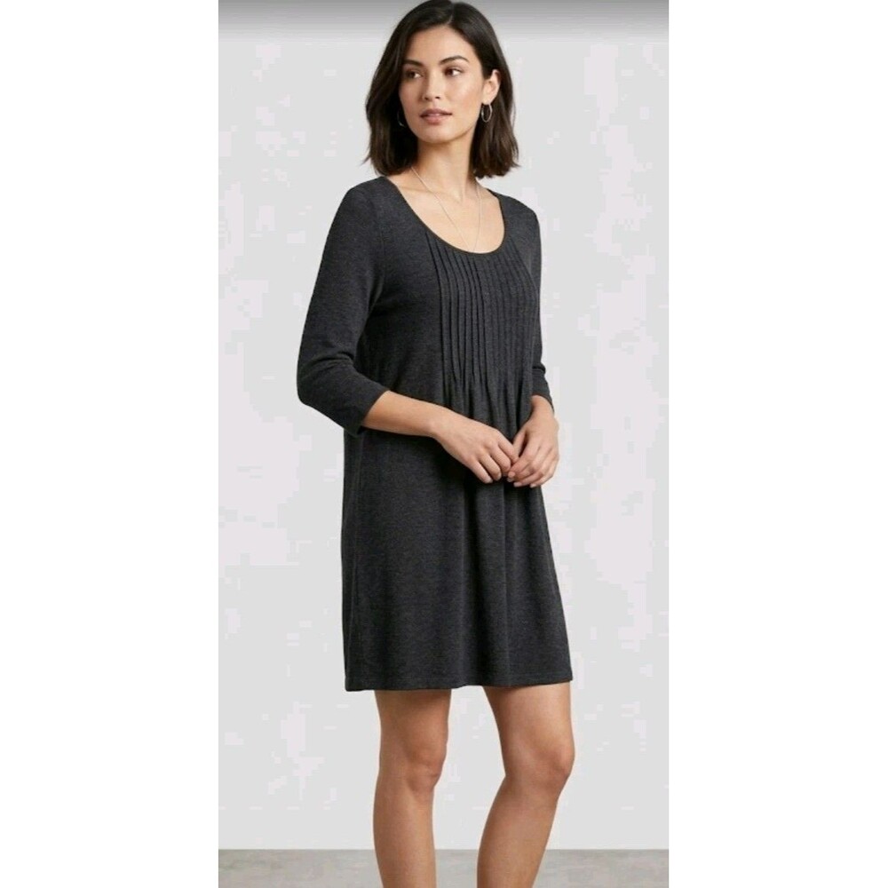 Eileen Fisher Jersey Knit Gray Dress 1X Pintuck Front 3/4 Sleeve Scoop Neck